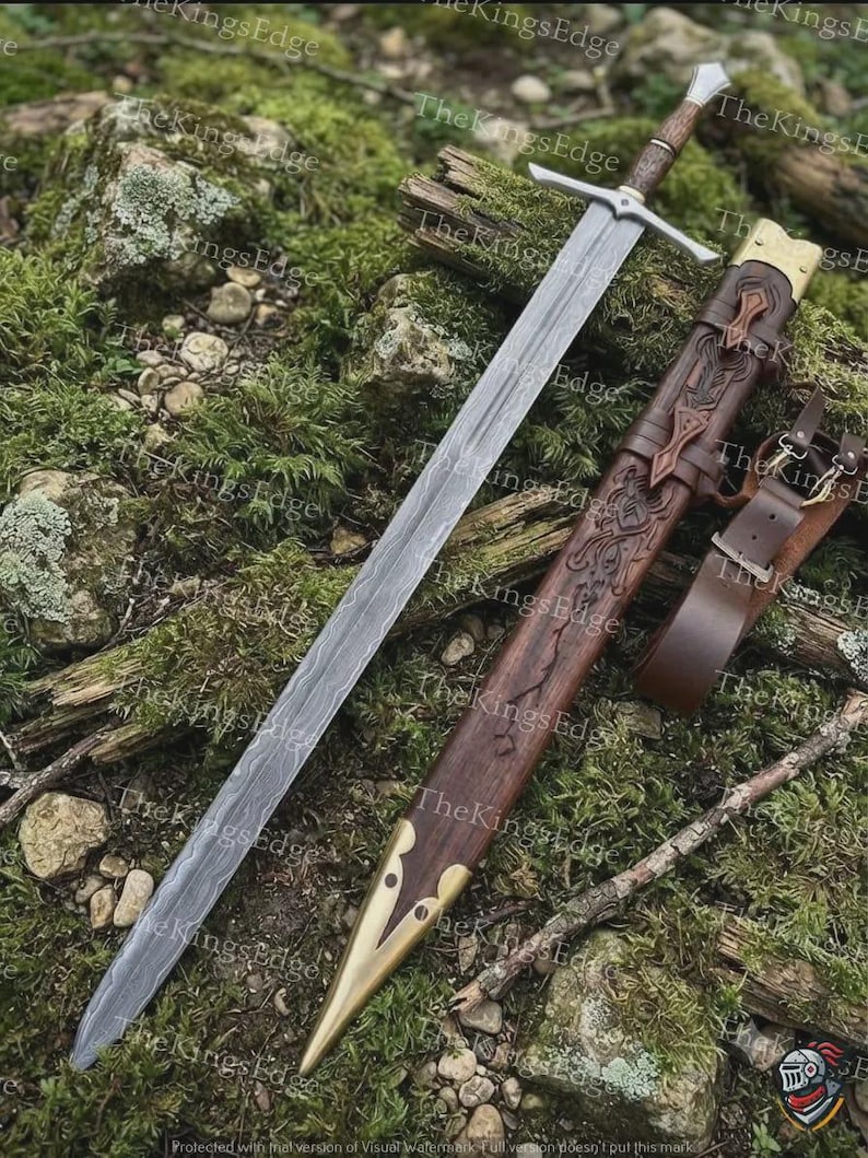 May include: A double-edged sword with a patterned Damascus steel blade, a cross-shaped metal guard, and a dark wood handle. It is accompanied by a matching dark wood scabbard featuring intricate carvings, brass accents, and a brown leather strap.
