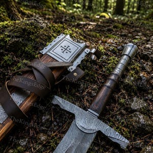 Hand Forged Damascus Steel Crusader Sword, Medieval Viking Replica, Decorative Fantasy Blade, Collectible Scabbard image 10