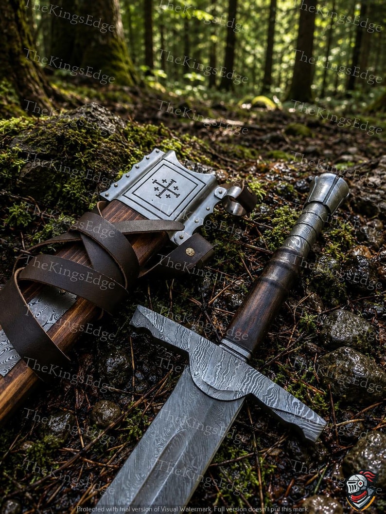 Hand Forged Damascus Steel Crusader Sword, Medieval Viking Replica, Decorative Fantasy Blade, Collectible Scabbard image 10