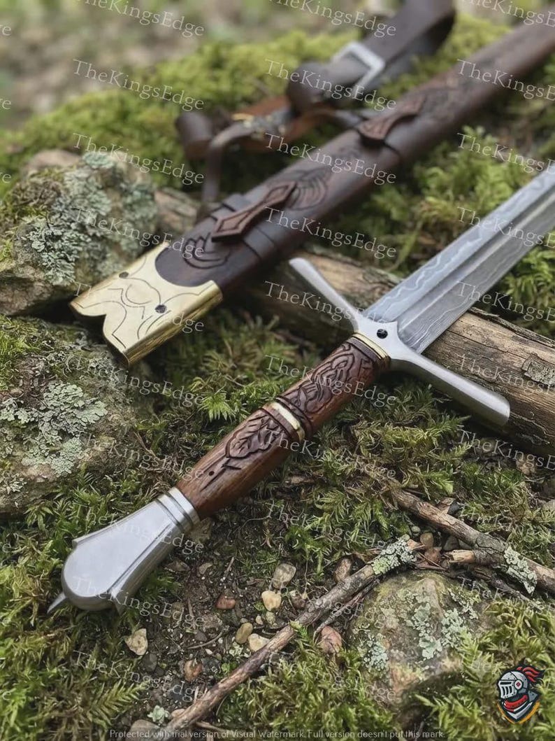 May include: A double-edged sword with a patterned steel blade, a crossguard, and a dark brown wooden handle featuring carved leaf motifs. The sword includes a matching dark brown leather scabbard with brass accents and intricate engravings.