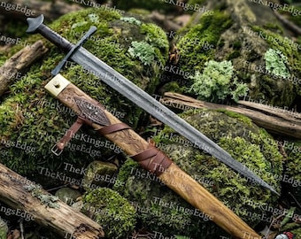 Norse Viking Sword – Hand-Carved Damascus Steel, Wood Handle & Scabbard