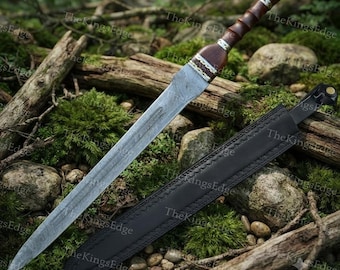Handmade Damascus Steel Short Sword, Walnut Wood Handle, Leather Sheath, Collector Display Prop
