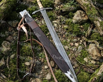 Hand-Forged Damascus Sword, Engraved Bone Handle, Medieval Fantasy Collectible