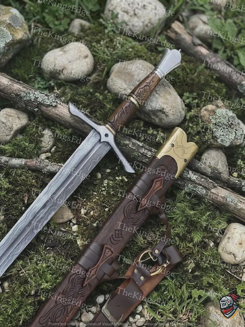 May include: A steel sword with a patterned blade, a wooden grip featuring carved details, and a metal pommel. The accompanying brown leather scabbard has a brass-colored metal throat, intricate embossed designs, and a leather belt attachment.
