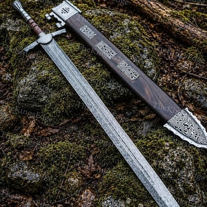 Hand Forged Damascus Steel Crusader Sword, Medieval Viking Replica, Decorative Fantasy Blade, Collectible Scabbard image 8
