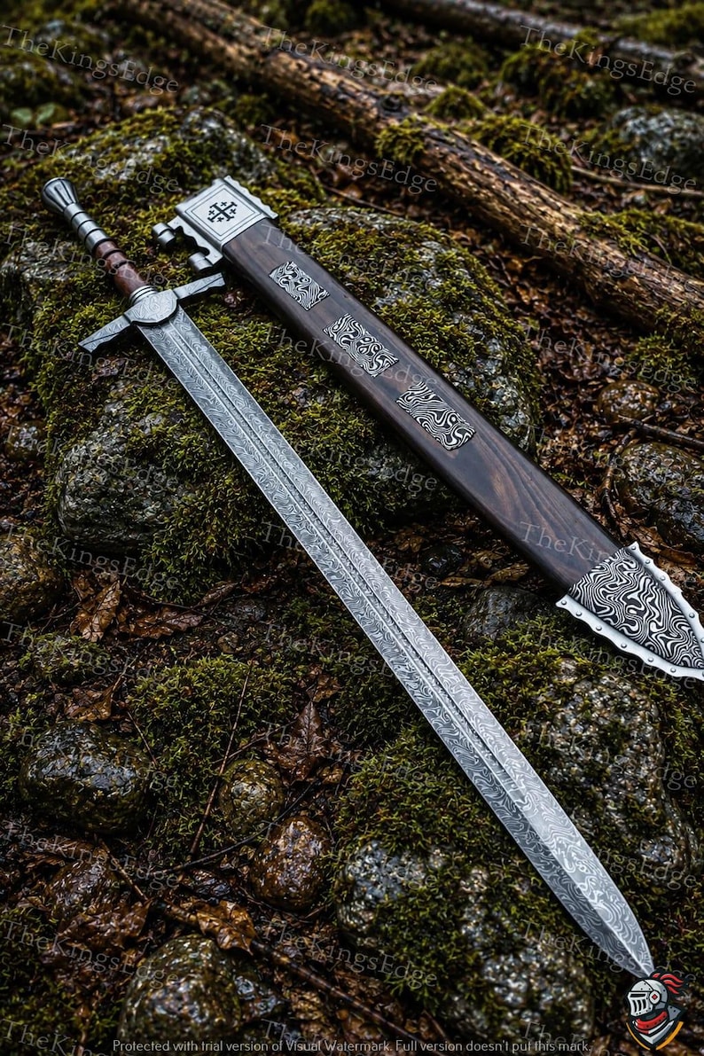 Hand Forged Damascus Steel Crusader Sword, Medieval Viking Replica, Decorative Fantasy Blade, Collectible Scabbard image 8