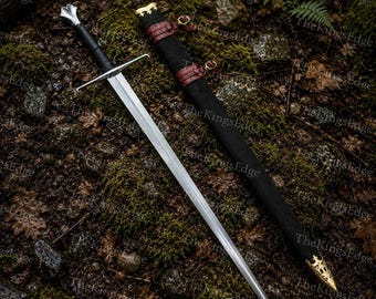 Hand Forged Steel Medieval Long Sword with Engraved Leather Handle & Scabbard | Handmade Knight Sword | Collector Display | Cosplay Sword