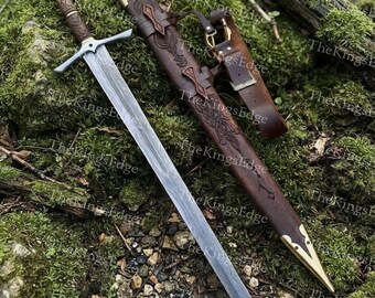 Handmade Fantasy Sword | Damascus Pattern Blade, Carved Wooden Scabbard, Medieval Cosplay (40 Inch)