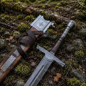Hand Forged Damascus Steel Crusader Sword, Medieval Viking Replica, Decorative Fantasy Blade, Collectible Scabbard image 6
