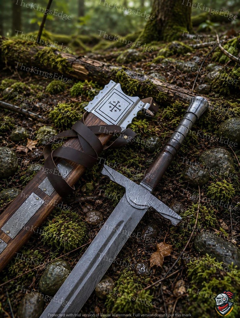 Hand Forged Damascus Steel Crusader Sword, Medieval Viking Replica, Decorative Fantasy Blade, Collectible Scabbard image 6