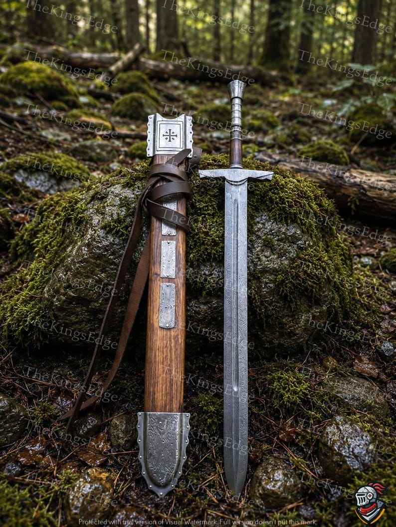 Hand Forged Damascus Steel Crusader Sword, Medieval Viking Replica, Decorative Fantasy Blade, Collectible Scabbard Damascus Sword