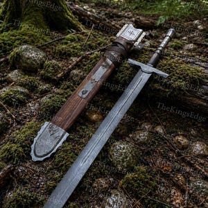 Hand Forged Damascus Steel Crusader Sword, Medieval Viking Replica, Decorative Fantasy Blade, Collectible Scabbard image 9