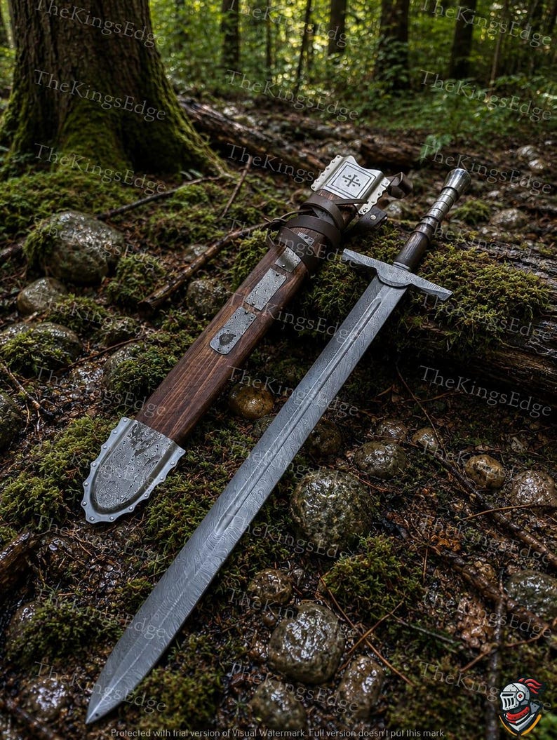 Hand Forged Damascus Steel Crusader Sword, Medieval Viking Replica, Decorative Fantasy Blade, Collectible Scabbard image 9