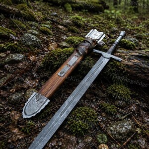 Hand Forged Damascus Steel Crusader Sword, Medieval Viking Replica, Decorative Fantasy Blade, Collectible Scabbard image 5