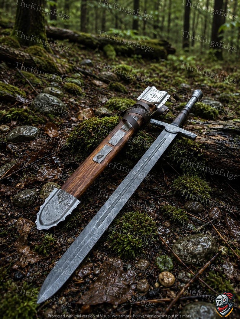 Hand Forged Damascus Steel Crusader Sword, Medieval Viking Replica, Decorative Fantasy Blade, Collectible Scabbard image 5