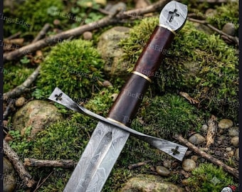 Handmade Damascus Steel Medieval Sword | Wood Handle, Leather Sheath, Collector Display