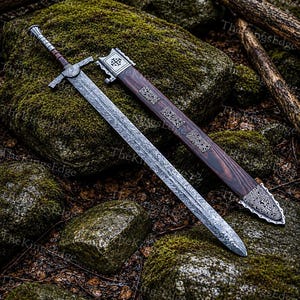 Hand Forged Damascus Steel Crusader Sword, Medieval Viking Replica, Decorative Fantasy Blade, Collectible Scabbard image 4