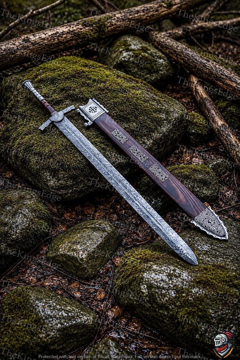 Hand Forged Damascus Steel Crusader Sword, Medieval Viking Replica, Decorative Fantasy Blade, Collectible Scabbard image 4