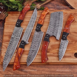 Handmade Damascus Steel 5 Pcs Chef Knives Set Personalized Chef Set Kitchen Knives Chef Knife Set Gift for her  Anniversary Gift