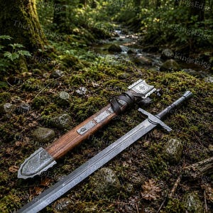 Hand Forged Damascus Steel Crusader Sword, Medieval Viking Replica, Decorative Fantasy Blade, Collectible Scabbard image 2