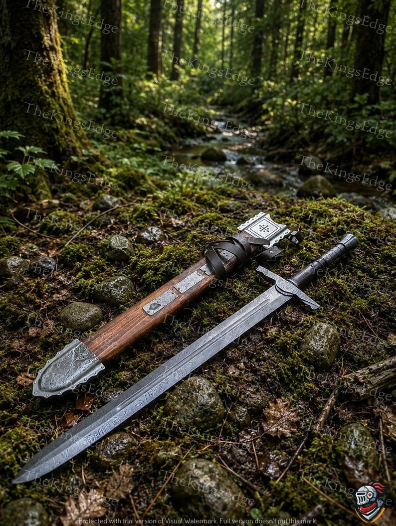Hand Forged Damascus Steel Crusader Sword, Medieval Viking Replica, Decorative Fantasy Blade, Collectible Scabbard image 2