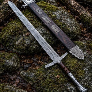Hand Forged Damascus Steel Crusader Sword, Medieval Viking Replica, Decorative Fantasy Blade, Collectible Scabbard image 3