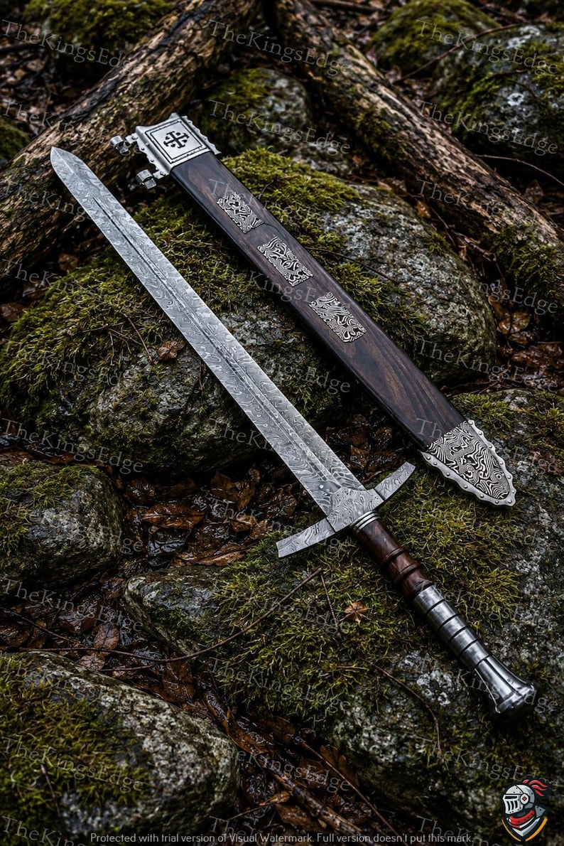 Hand Forged Damascus Steel Crusader Sword, Medieval Viking Replica, Decorative Fantasy Blade, Collectible Scabbard image 3