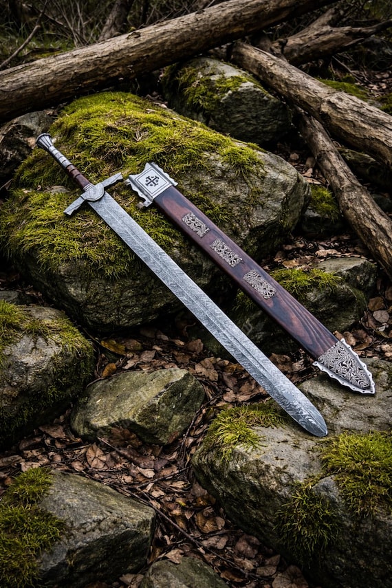 Hand Forged Damascus Steel Sword with Scabbard,Medieval Crusader Sword,Viking Replica,Decorative Wall Art,Gift for Men, Fantasy Blade