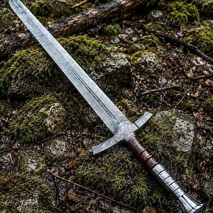 Hand Forged Damascus Steel Crusader Sword, Medieval Viking Replica, Decorative Fantasy Blade, Collectible Scabbard image 7