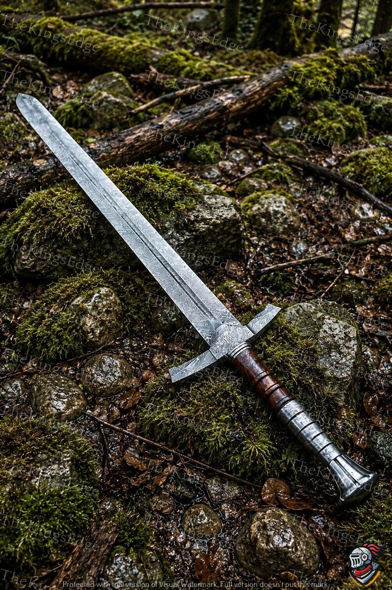 Hand Forged Damascus Steel Crusader Sword, Medieval Viking Replica, Decorative Fantasy Blade, Collectible Scabbard image 7