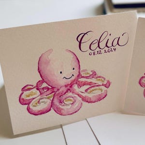 Karte Geburt Baby –  personalisiert, individuell, handgeschrieben & handgemalter Oktopus Krake – mit Umschlag