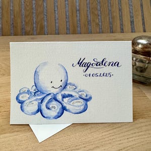 Karte Geburt Baby –  personalisiert, individuell, handgeschrieben & handgemalter Oktopus Krake – mit Umschlag