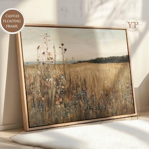 Summer Meadow Framed Canvas Wall Art, Wildflower Field Painting, Rustic Nature Decor