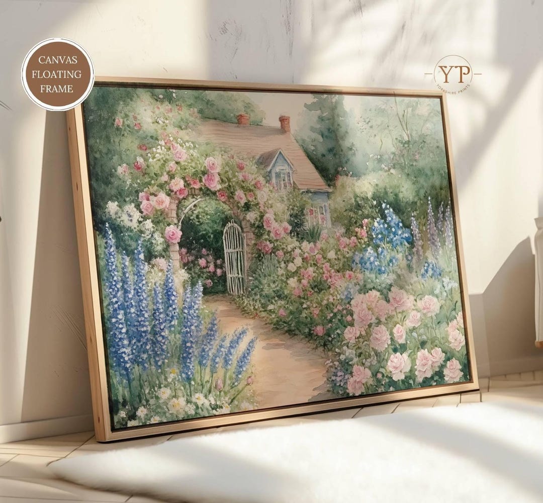 Cottage Garden Wall Art, Rose Arch Path Framed Canvas, Floral Landscape ...
