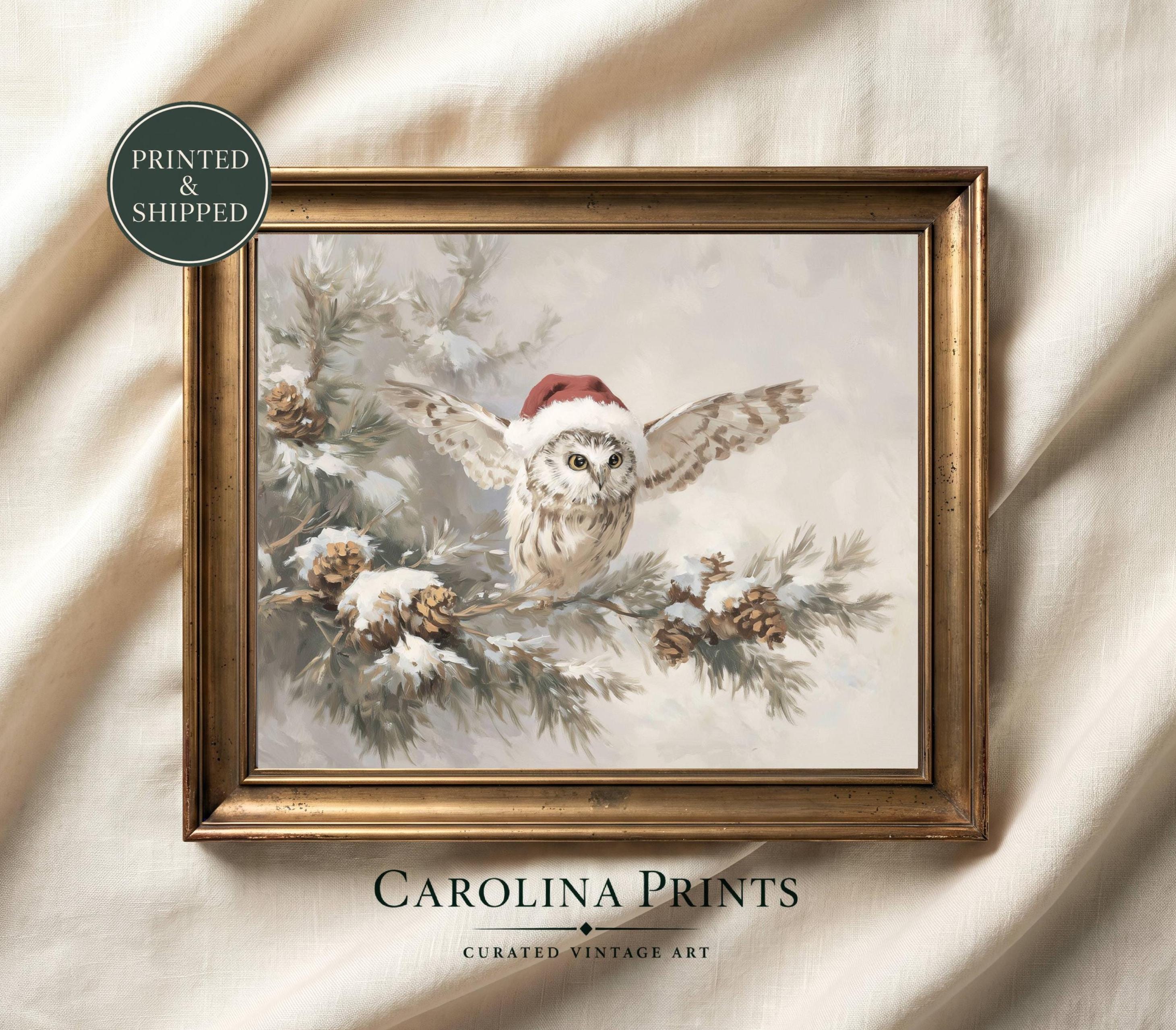 Vintage Christmas Owl Wall Art, Santa Owl Painting, Winter Woodland Holiday Decor Print Poster