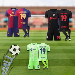 Camisa de Futebol do Barcelona | Conjunto de Camisa de Futebol Listrada Vermelha e Azul para Jovens e Adultos – Inspirado em Lamine Yamal | Equipamento Autêntico para Torcedores