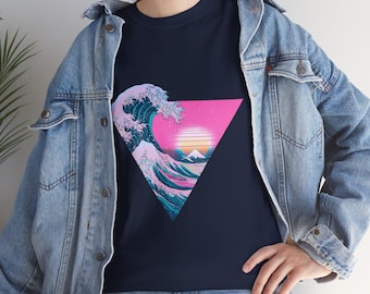 Retro Vaporwave Wave Graphic Tee, Japanese Sunset Shirt