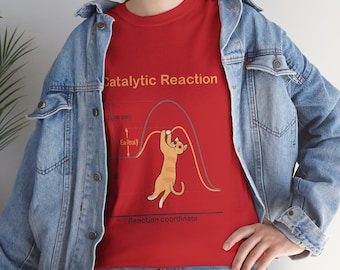 May include: Red t-shirt with the text "Catalytic Reaction" and a cartoon cat graphic. The cat is orange and white, hanging from a curved line. The shirt also features a graph with labels.