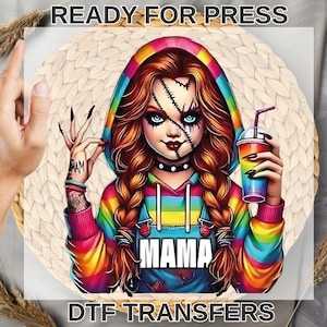 May include: A vibrant DTF transfer design showcasing a cartoon character with stitched facial features, dressed in a rainbow hoodie and holding a drink. The word "MAMA" is printed on the character's shirt. Text includes "READY FOR PRESS" and "DTF TRANSFERS".