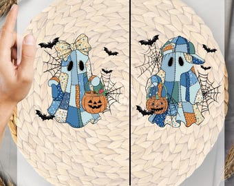 Trendy Patchwork Spooky Ghost Girl/Boy Ready To Press , Halloween Dtf Transfers , Ghost Dtf, Pumpkin Dtf