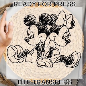 Mickey and Minnie Sketch Ready To Press ,Classic Disney Mouse Ready To Press, Disney Couple Dtf Transfers, Disney Dtf