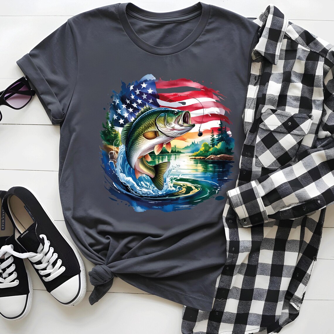 Performance Fishing Tee with 4th of July Art