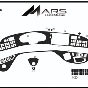Peut inclure: Kit de garniture intérieure noire pour modèles Mercedes Travego de 2006-2010. Le kit comprend diverses pièces de tableau de bord et de console, numérotées. Le logo MARS cockpitdesign est visible, ainsi que le texte "36 DECOR".