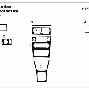 May include: A black and white technical diagram showing an 8-piece interior trim set for a 2007 Mercedes A-Klas W169. The image displays numbered outlines of various dashboard and console components, including air vents, control panels, and gear shift trim.