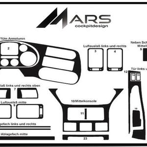 Può includere: Uno schema tecnico in bianco e nero per un kit di finiture interne per abitacolo di veicolo DAF LF 03.01 di Mars Cockpitdesign. Il layout mostra forme adesive numerate per il cruscotto, le bocchette dell'aria, la console centrale e i pannelli delle portiere.