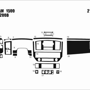 May include: A black and white technical diagram showing a 21-piece interior trim kit for a Dodge Ram 1500 model years 2006-2008. The image displays various numbered dashboard and door panel components arranged in a layout for vehicle customisation.