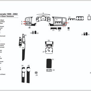 Op de afbeelding: Diagram van een Chevrolet Silverado dashboard uit 1999-2002, met verschillende componenten zoals het stuurwiel, ventilatieopeningen, radio en A/C-bediening. Bevat een genummerde lijst met onderdelen voor 2- en 4-deurs versies.