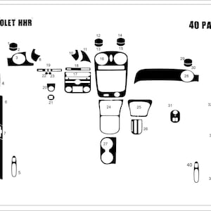 Peut inclure: Un diagramme noir et blanc d'un tableau de bord de Chevrolet HHR 2009, avec 40 pièces. Le diagramme comprend diverses formes et contours des composants du tableau de bord, tels que la radio, les bouches d'aération et autres commandes.