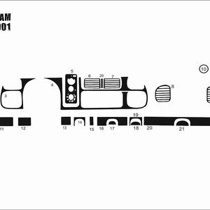 Op de afbeelding: Een zwart-wit technisch diagram van een 22-delige dashboardbekledingsset voor een Dodge Ram 1998-2001. De afbeelding toont diverse genummerde zelfklevende vormen die zijn ontworpen voor specifieke delen van de middenconsole en ventilatieopeningen.