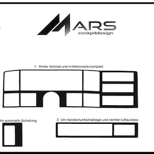 Op de afbeelding: Een zwart-wit technisch diagram voor een Mars Decor cockpit-ontwerpset voor de Chrysler Cherokee 1984-1997. De afbeelding toont lay-out sjablonen voor het dashboard, de middenconsole, de automatische versnellingspook en het dashboardkastje.
